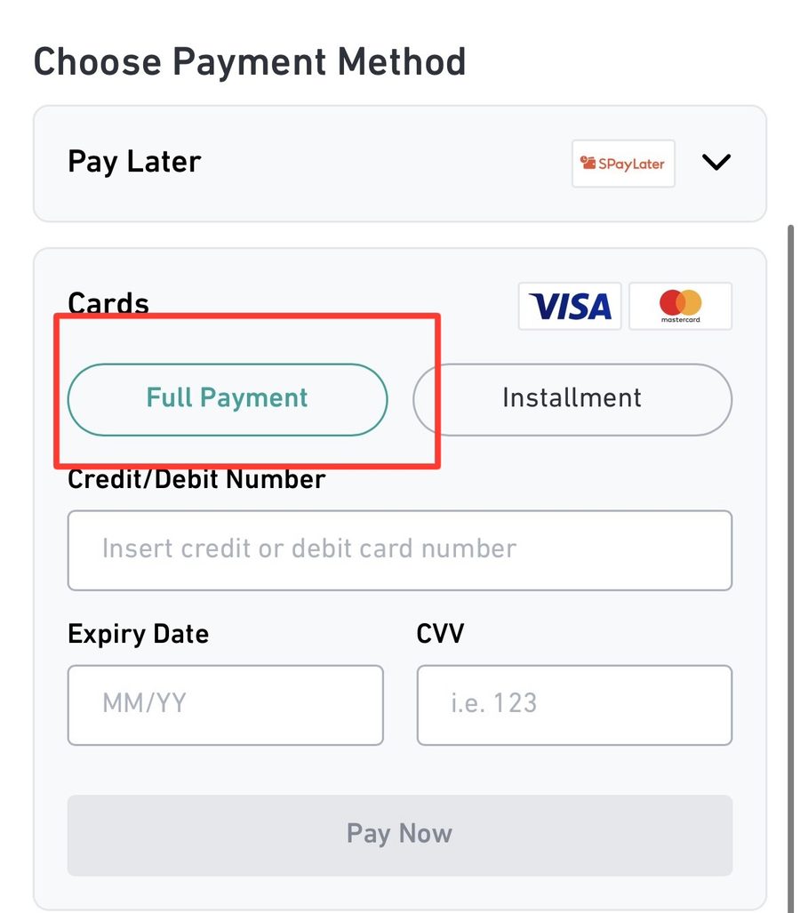 Cards 展开后红框标示 Full Payment，下面填卡号与 CVV 再按 Pay Now